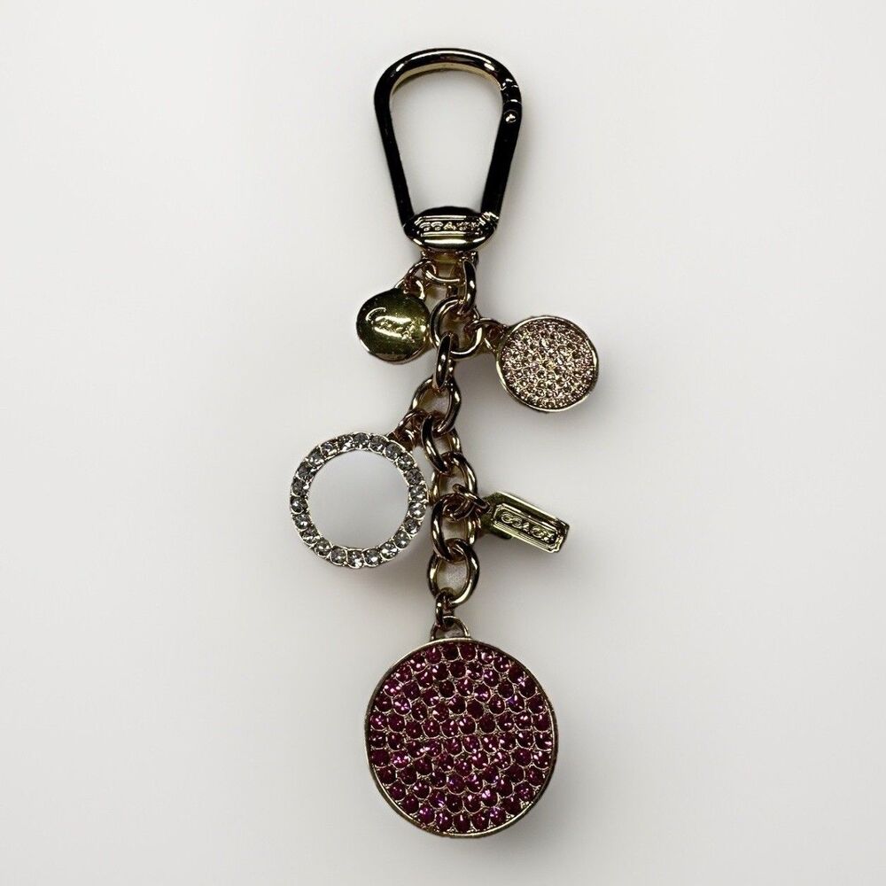 Coach Multi-Charm Gold Keychain Bag Charm Pink White Rhinestone Glam Designer